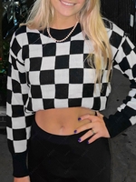 ZAFUL Checkered Drop Shoulder Ribbed Trim Sweater S Black