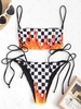 ZAFUL Checkered Flame Print Lace Up String Bikini Swimwear L Black