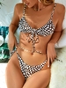 ZAFUL Checkered Print Tie Front Ruched String Bikini Swimwear L Deep coffee