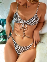ZAFUL Checkered Print Tie Front Ruched String Bikini Swimwear S Deep coffee