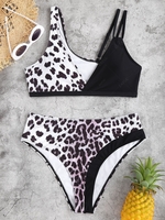 ZAFUL Cheeky Asymmetric Neck Leopard Ribbed Bikini Swimwear L Black