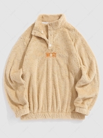 ZAFUL Chinese Characters Embroider Quater Button Fluffy Teddy Sweatshirt Xl Light coffee
