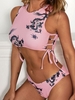 ZAFUL Chinese Dragon Print Side Tie Ladder Cutout Cropped Bikini Top M Light pink