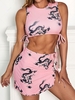 ZAFUL Chinese Dragon Print Side Tie Ladder Cutout Three Piece Swimsuit S Light pink