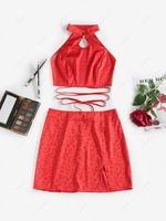ZAFUL Chinoiserie Backless Midriff Flossing Top and Split Skirt Set S Red