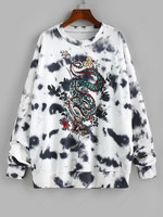 ZAFUL Chinoiserie Tie Dye Dragon Print Oversized Sweatshirt M White