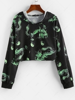 ZAFUL Chinoiserie Yin and Yang Dragon Print Crop Hoodie M Black