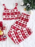 ZAFUL Christmas Elk Snowflake Fleece Crop Top and Pants Set M Red