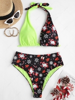 ZAFUL Christmas Santa Claus Snowflake Print Convertible Padded Bikini Set L Green