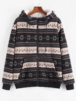 ZAFUL Christmas Snowflake Print Hooded Faux Shearling Zip Vintage Jacket L Black