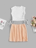ZAFUL Cinched Crop Top and Gingham Slit Mini Skirt Set L Light orange