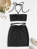 ZAFUL Cinched Cutout Crisscross Knitted Two Piece Dress L Black