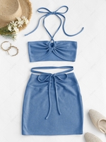 ZAFUL Cinched Cutout Crisscross Knitted Two Piece Dress L Blue