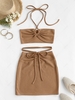 ZAFUL Cinched Cutout Crisscross Knitted Two Piece Dress L Coffee