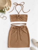 ZAFUL Cinched Cutout Crisscross Knitted Two Piece Dress L Coffee
