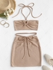 ZAFUL Cinched Cutout Crisscross Knitted Two Piece Dress L Light coffee