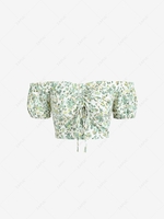 ZAFUL Cinched Front Off Shoulder Tiny Floral Blouse L White