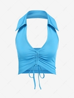 ZAFUL Cinched Halter Turn Down Collar Crop Tank Top L Blue
