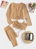 ZAFUL Cinched Ribbed Knit Three Piece Pants Set S Light coffee