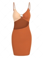 ZAFUL Colorblock O Ring Cut Out Slinky Dress S Coffee