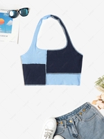 ZAFUL Colorblock Ribbed Halter Tank Top M Blue
