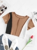 ZAFUL Colorblock Ribbed Topstitching Crop T Shirt L Coffee