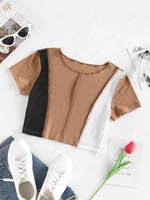 ZAFUL Colorblock Ribbed Topstitching Crop T Shirt L Coffee