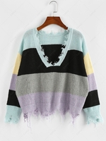 ZAFUL Colorblock Ripped V Neck Sweater L Multi m