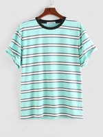 ZAFUL Colorblock Striped Short Sleeves Cotton T Shirt L Light green