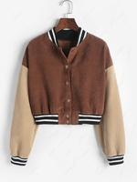 ZAFUL Colorblock Striped Trim Corduroy Cropped Jacket S Coffee