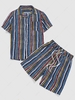 ZAFUL Colorful Striped Print Pocket Shirt and Shorts Set Xl Deep blue