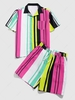 ZAFUL Colorful Striped Printed Pocket Shirt and Shorts Set L