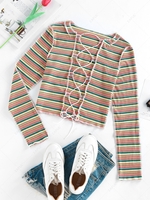 ZAFUL Colorful Striped Ribbed Lace Up Exposed Seams T Shirt L