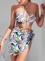 ZAFUL Colorful Wave Cross Tie Three Piece Bikini Swimwear L