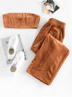 ZAFUL Comfy Fleece Bandeau Top and Pants Set L Coffee