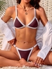 ZAFUL Contrast Binding Ribbed Metallic Shiny Tanga Bikini Swimwear S Deep red