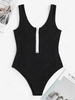 ZAFUL Contrast Half Zip Ribbed Thong Bodysuit L Black