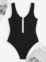 ZAFUL Contrast Half Zip Ribbed Thong Bodysuit L Black