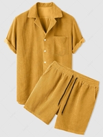 ZAFUL Corduroy Casual Short Sleeves Shirt and Shorts Set L Deep yellow