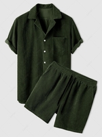ZAFUL Corduroy Casual Short Sleeves Shirt and Shorts Set S Deep green