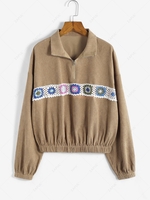 ZAFUL Corduroy Half Zip Floral Crochet Sweatshirt L Light coffee