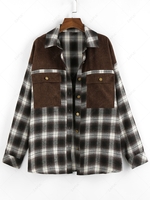 ZAFUL Corduroy Patched Plaid Pocket Drop Shoulder Shacket L Brown bear