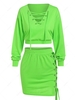 ZAFUL Cropped Bright Color Lace Up Sweatshirt and Skirt Set M Green
