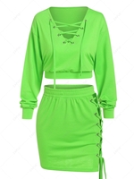 ZAFUL Cropped Bright Color Lace Up Sweatshirt and Skirt Set Xl Green