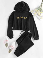 ZAFUL Cropped Butterfly Print Hoodie and Pants Sport Set S Night
