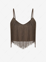 ZAFUL Cropped Fringed Front Cami Top L Deep coffee