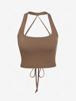 ZAFUL Cropped Lace Up Open Back Ribbed Tank Top S Deep coffee
