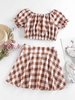 ZAFUL Cropped Plaid Top and Flowy Skirt Set S Coffee