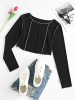 ZAFUL Cropped Ribbed Contrast Overlock Stitching Tee M Black