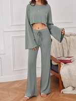 ZAFUL Cropped Ribbed Flare Sleeve Top and Pants Set S Light green